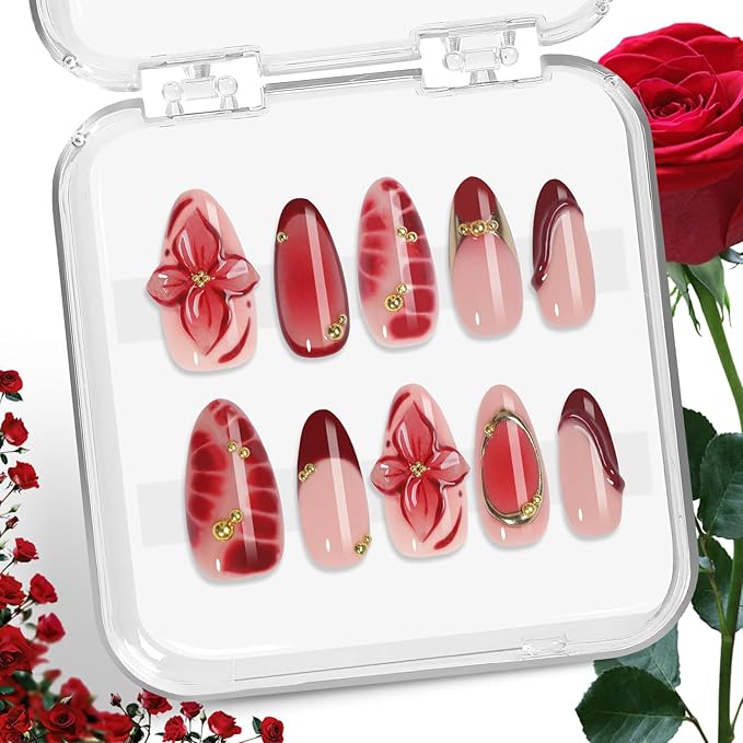 Almond Wine Red Acrylic Handmade Press-On Nails 10pcs Set, 3D Floral Tips with Gold Accents, French & Leopard Design for Winter Holidays and Valentine’s Day – Appife