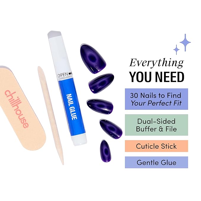 Chillhouse Chill Tips Signatures Press On Nails Kit, Szn of the Witch - 30 Nail Shapes & Sizes, Dual-Sided Buffer & File, Cuticle Stick & Glue - Long-Lasting Nail Art Manicures