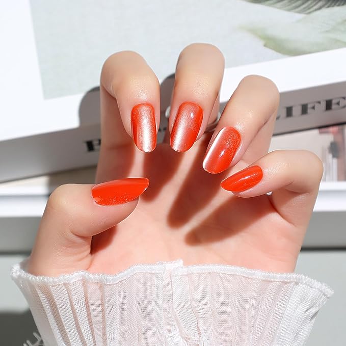 Luxbon Press On Nails Acrylic Short Rounded with No-Cure Nail Glue and Tool Kit – Stick On Nails Cat Eye Soft Gel Tips 25-30pcs Full Size Set, Reusable Fake Nails for Women, Fit Perfectly, Red