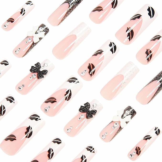 MISUD Press on Nails - Long Square Fake Nails with Black White French Tip, Acrylic Lip Rhinestone Design 24 pcs