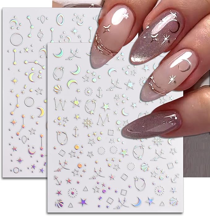 24 Sheets Aurora Nail Art Stickers, Holographic Self-Adhesive Pegatinas Uñas Glitter Design Moon Star Sparkles Heart Line Nail Decals