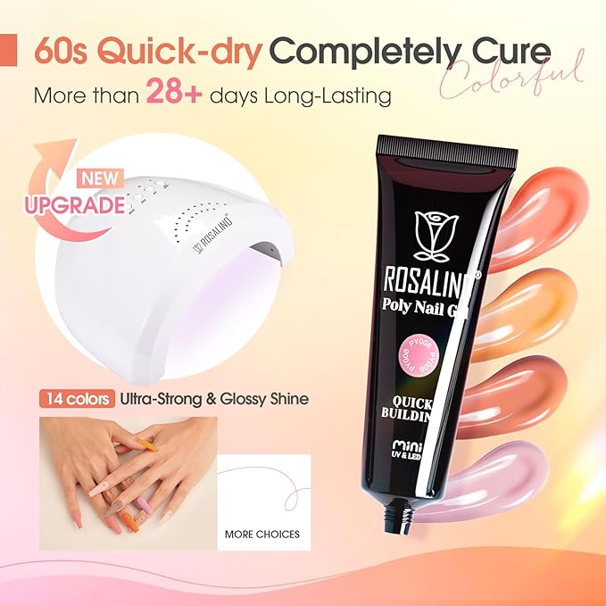 ROSALIND Nude Poly Nail Gel Kit, 14 Colors Pink Poly Nail Gels Kit with Slip Solution and Mini Lamp Poly Nails Gel Starter Kits For All Seasons Beginner DIY at Home