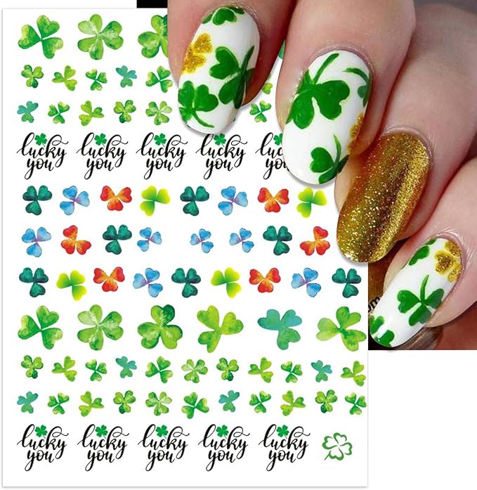 St. Patrick's Day Nail Art Stickers, Irish Shamrock 3D Self-Adhesive Nail Decals Lucky Clover Design (4 Sheets)