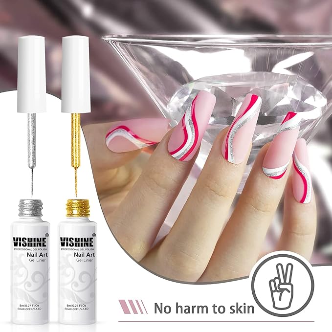 Vishine Gel Nail Polish Liner Glitter Metallic Gold Silver Glitters Colors Gel Art Paint Polish for Swirl Nails Euphoria Nail French Manicure