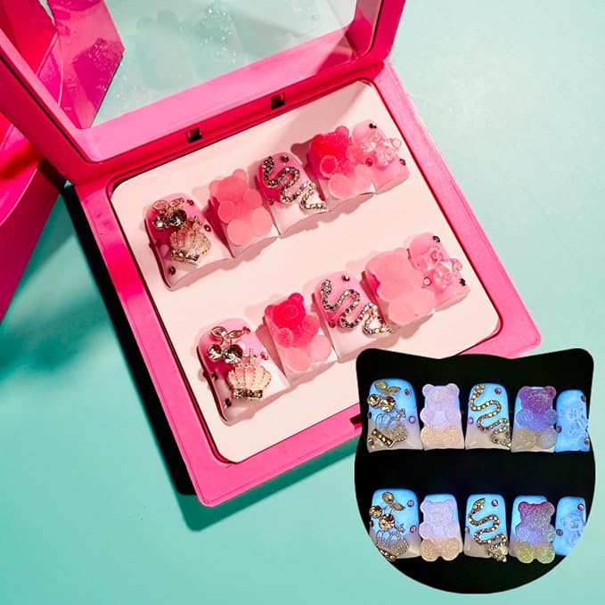 10 Pieces Luxury Acrylic Press On Nails Short Handmade Duck Nails, Glow In The Dark 3D Sugar Frosted Bear, Pink Cute Candy Bear, Thickened False Nails, Reusable Acrylic Nails (S)