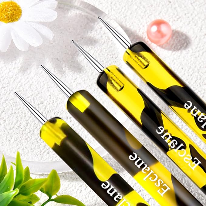French Manicure Brush, Esclane 2 Way French Nail Brush with Dotting Tool for Manicure Cuticle Clean Up Nail Art Design, French Tip Brush (Yellow, #16)