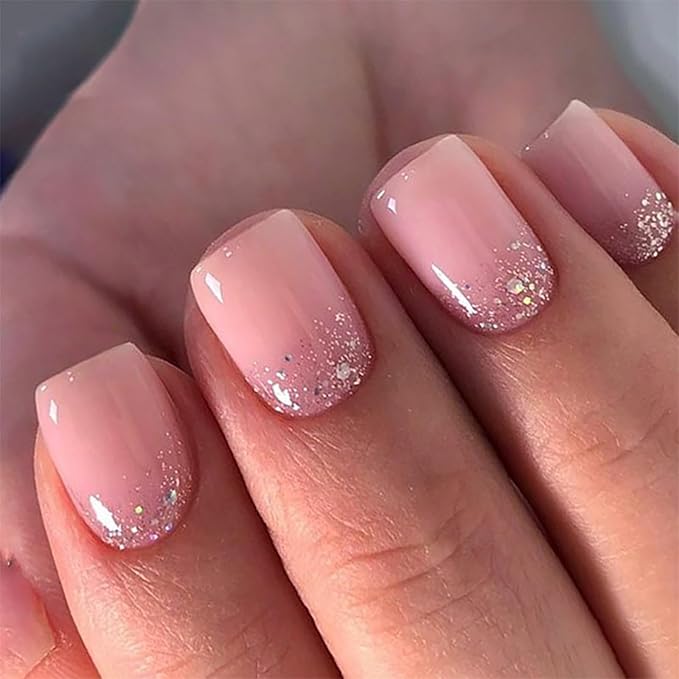 Square Press On Nails Short – Nude Pink Glitter Acrylic Fake Nails, 24PCS Glossy Thick False Nails Kit, Durable Reusable Stick On Nails with Glue & Tools for Women, DIY Salon Manicure