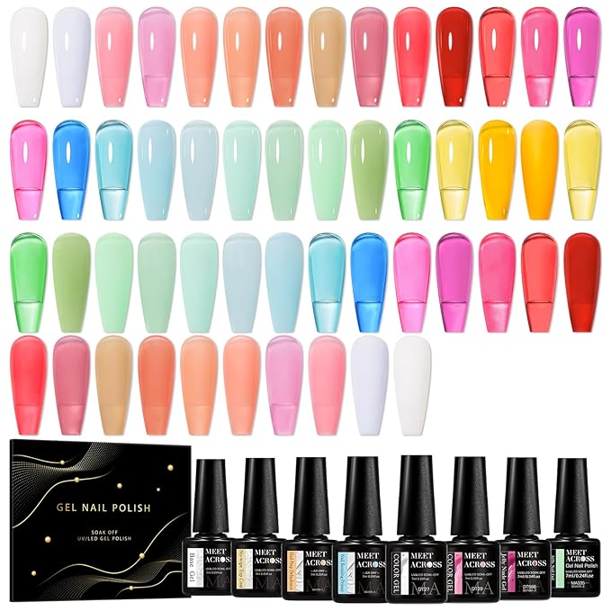 MEET ACROSS 30Pcs Jelly Gel Nail Polish Set Pastel Gel Polish Kit Pink Orange Green Semi-transparent Nail Polish Sheer Effect French Nail Art Gift for Women 26 Colors