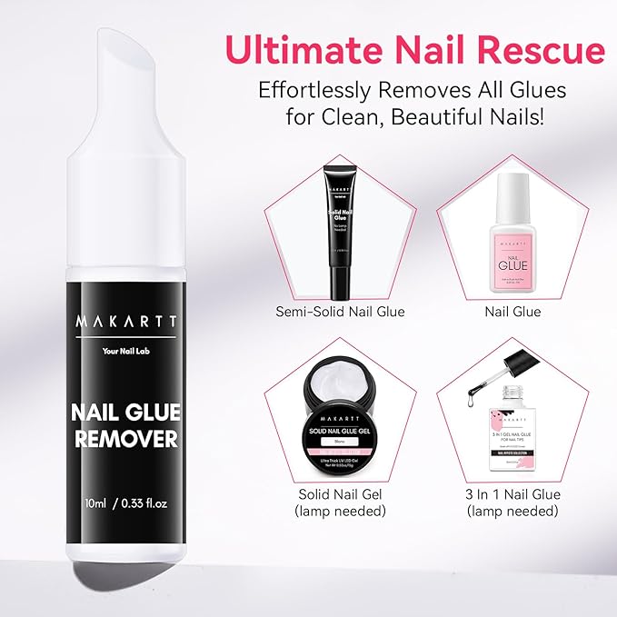 Makartt Nail Glue with Remover - No Lamp Needed 10ml Semi Solid Nails Glue for Press-Ons, Acrylic False Tips, Soft Gel, and Toenails, Easy Removal