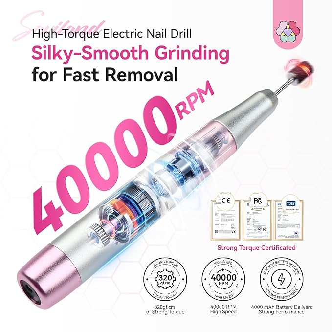 SAVILAND Electric Nail Drill: 40000RPM High-Torque Nail File Quick Removal for Acrylic Nails Easy Operation Portable Nail Drill for Beginner Home DIY Nail Art Manicure Pedicure