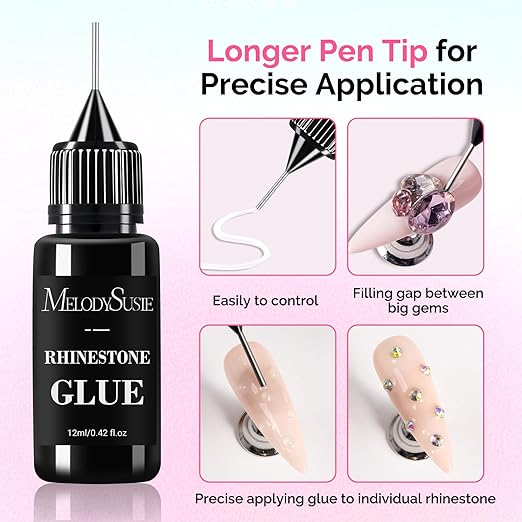 MelodySusie Nail Rhinestone Glue Set, 3D Gel Nail Art Design Strong Adhesive Nail Gem Glue for Nail Charms Gems Jewelry Decoration DIY Manicured at Home Cured Need Beauty Gifts for Women