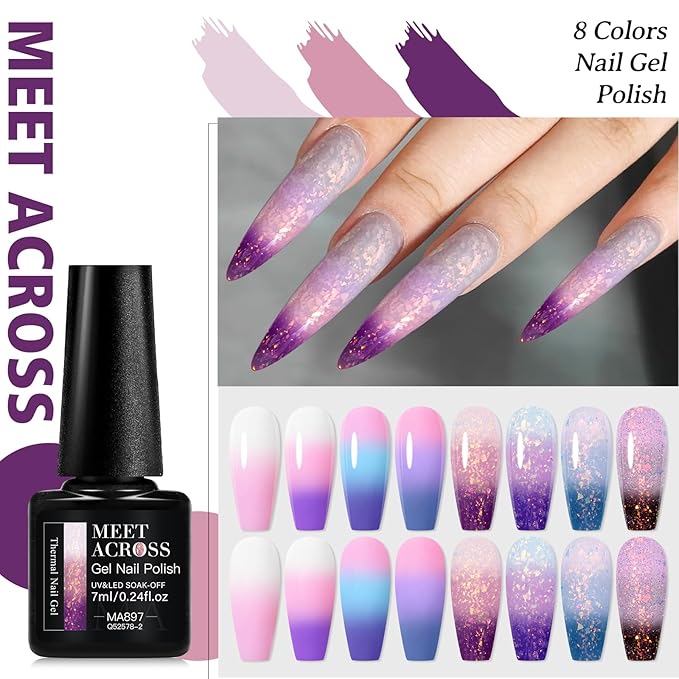 MEET ACROSS 8Pcs Color Changing Gel Nail Polish Set Pink Purple Glitter Temperature Mood Changed Gel Polish DIY Salon Manicure Kit