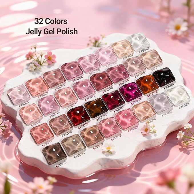 JODSONE 36Pcs Jelly Gel Nail Polish Kit with 4 Functional Gel for All Seasons