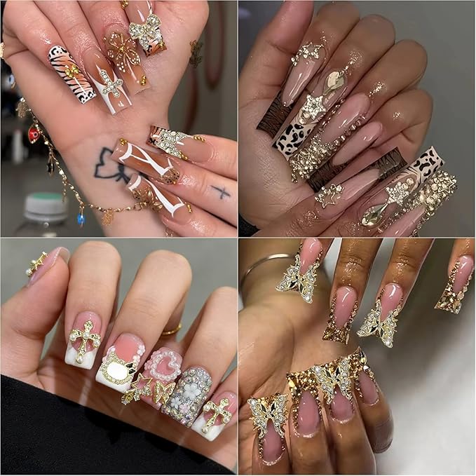 40Pcs Gold Nail Charms Nail Art Rhinestone Gems 3D Sparkling Nails Jewelry for Acrylic Nail Tips Accessories for Women DIY Nail Decorations