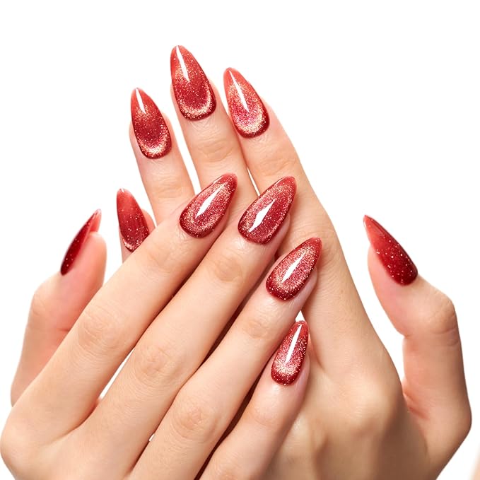 GLAMERMAID Agate Red Press on Nails Medium Almond,Cat eyes Glitter Handmade Glossy Soft Gel Glue on Nails Stiletto, Shrimmer Fake Nails Short Oval, Reusable Acrylic Stick on False Nails Kit for Women