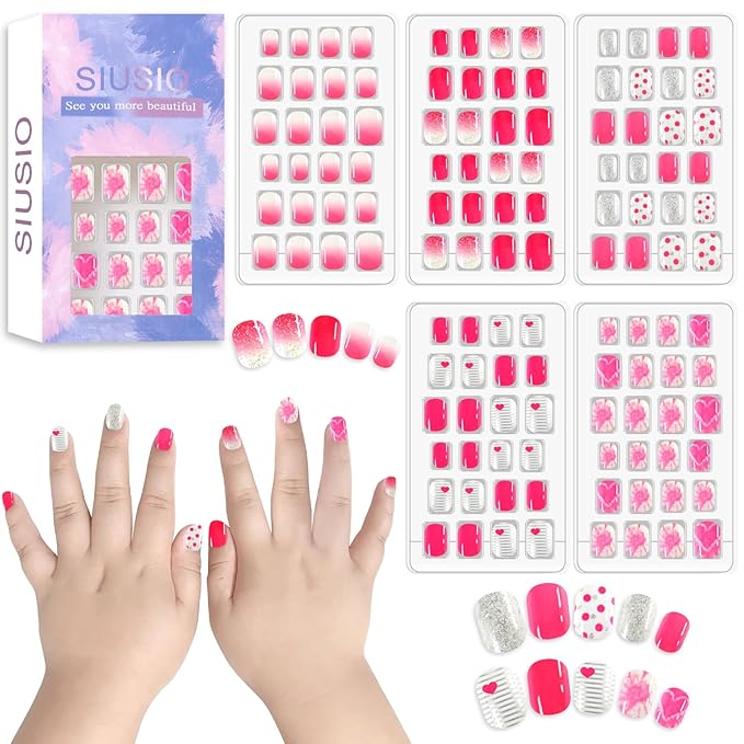 SIUSIO 120Pcs 5 Pack Press on Nails kids Children Acrylic Fake Nails Cute Pre-glue Full Cover Gradient Color Rainbow Short Stick On False Nail Art Kits Set for Kids Little Girls - Pink Love