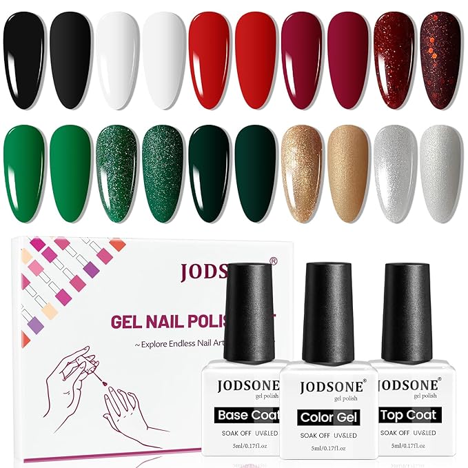 JODSONE Gel Nail Polish Set,10 Colors Winter Black White Glitter Burgundy Red & Green Silver Gel Polish DIY Salon for Girls Home DIY Gift