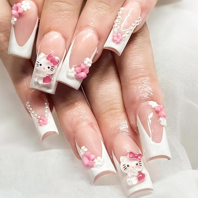 24Pcs Cartoon Press on Nails, Cute Fake Nails Medium Length with Pearl and Flower Designs Cute Cat Full Cover Coffin False Nail Stick on Nails White French Tip Press on Fingernails for Women