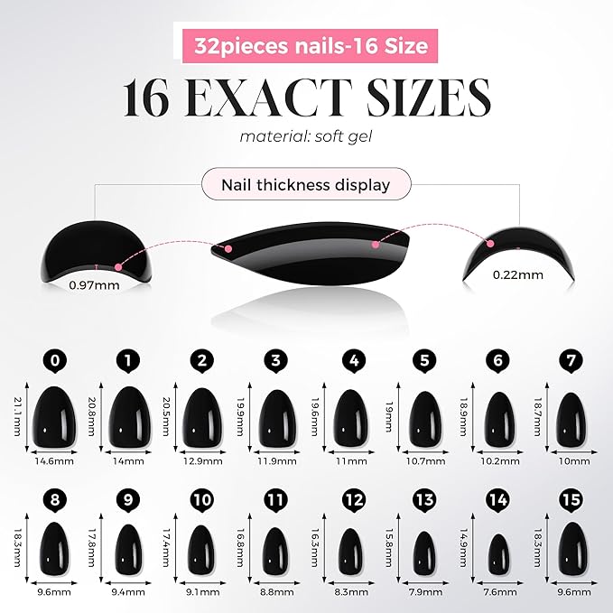 UNA GELLA 32Pcs Soft Gel Press on Nails - 16 Sizes Almond Glue on Nails, Reusable Black Solid Color False Nails, Full Cover Acrylic Nail Kit for Women DIY Home Manicure