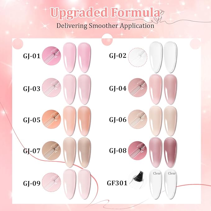 JODSONE 10 Colors Builder Nail Gel Polish Set with Base Coat and Top Coat No Wiping for Nails Strengthener Hard Nail Extension Gel LED Nail Lamp Cured