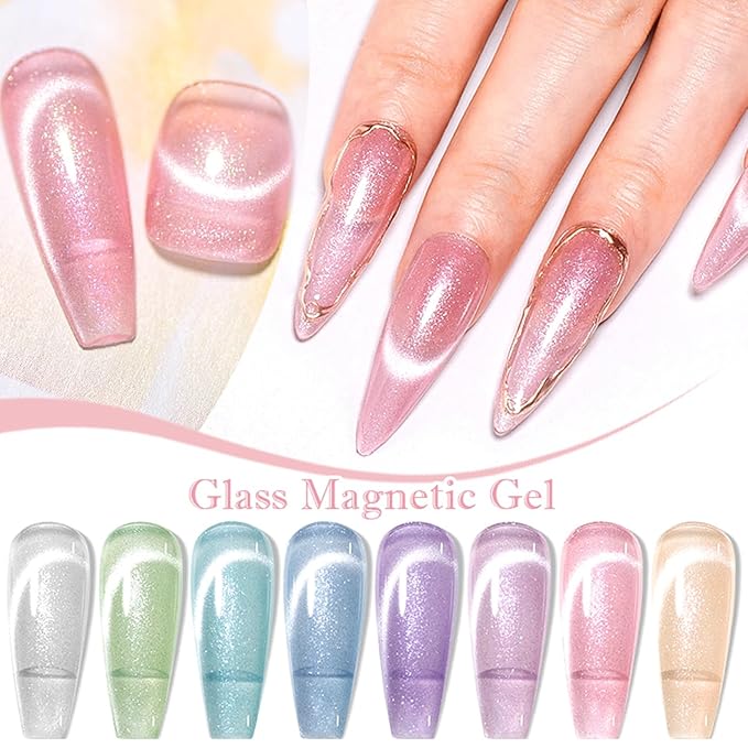 MEET ACROSS Jelly Glitter Cat Eye Gel Nail Polish Set 12PCS, Glass Fairyland Magnetic Nail Polish Translucent Pink Blue Green Purple Shimmer Sheer Gel Polish with Magnet Nail DIY Art Salon