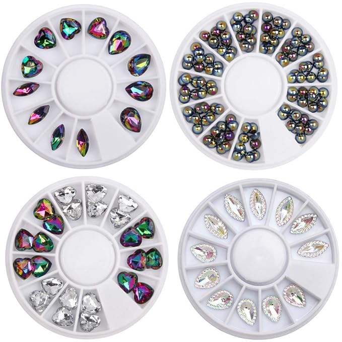 Nail Art Flame Heart Shape Rhinestones Set With 3D Charms Pearls And Drop Stones Decoration 4 Wheels