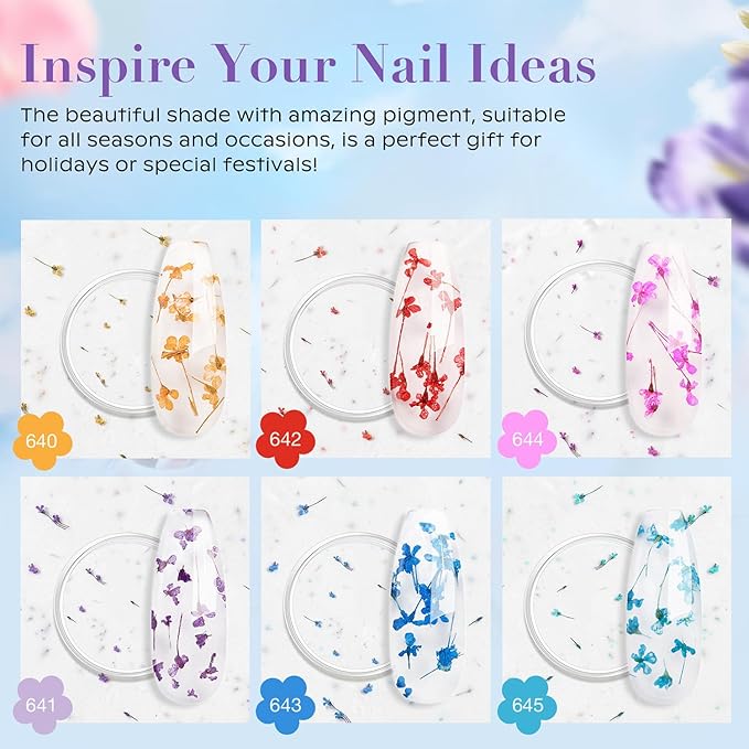 AZUREBEAUTY Dip Powder Nail Transparent Crystal Dried Flower Spring Set, Blue Purple Pink Yellow 6 Colors Natural Real Clear Dipping Powder Starter Kit Nail Art Manicure Salon, No Need Nail Lamp Cured