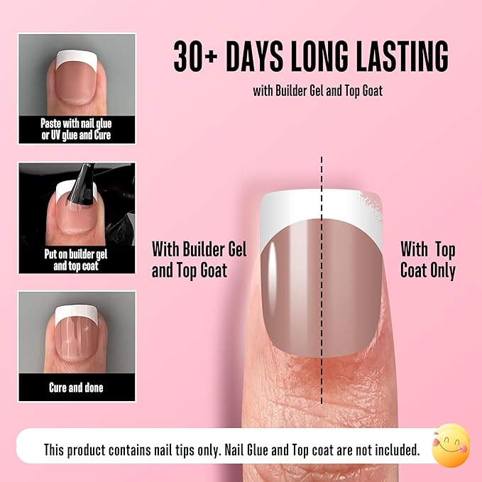 NOVO OVO Extra Short White French Tip Nail Tips, XS XXS Square Round BROWN PINK, for Wide & Short Nail Beds, Thick Full Cover Press on for Women Men, Soft Gel Acrylic Extension kit, 16 Sizes x 224pcs