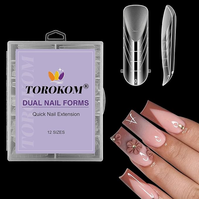 TOROKOM Poly Extension Gel Dual Nail Forms, 120Pcs Full Cover Coffin & Stiletto Nail Molds, 12 Sizes for Gel Manicure Nail Art Design Salon & DIY