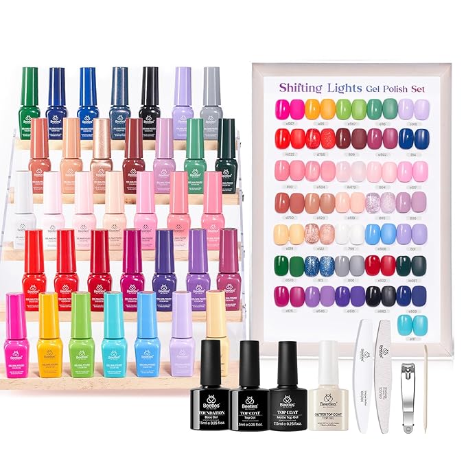 beetles Gel Polish Shifting Lights - Gel Nail Polish Set Brown Burgundy Red Black White Green Purple Glitter 36 Colors with Base Coat Glossy Matte Glitter Top Coat UV LED Soak Off Gift for Women