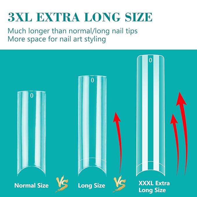 LIONVISON 3XL Clear NO C Curve Nail Tips for Acrylic Nails Professional, 240PCS Extra Long Tapered Square Nail Tips, 12 Sizes Straight Press On Gel Tips for Nail Salons Home DIY