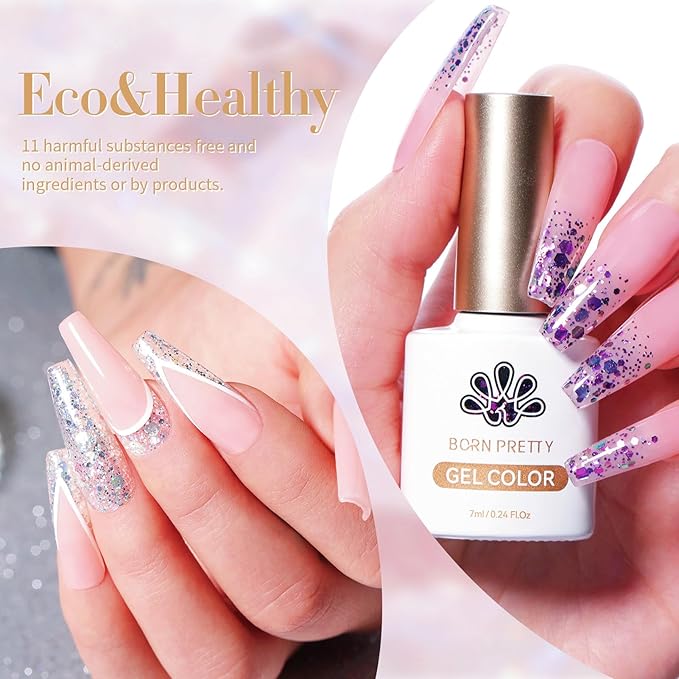 Born Pretty Glitter Sequins Gel Nail Polish Sparkly Shiny Pink Yellow Blue Green 6pcs 7ml Set Soak Off U V Nail Gel Nail Art Manicure Varnish Kit
