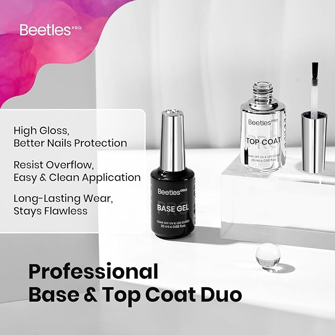 Beetles Pro Gel Top Coat and Base Gel Nail Polish, 20ml Upgraded Super Shine Finish and Long Lasting for 28 Days, Soak Off LED Nail Lamp Finish Nail Art Design Manicure for Salon