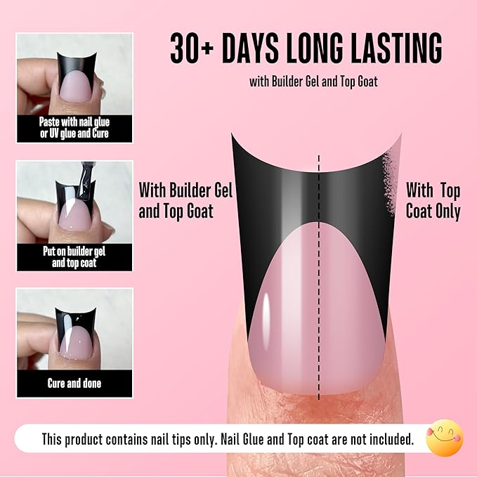 NOVO OVO Duck Nails Short with Moon Curve Black French Tips Berry Pink, 240Pcs Soft Gel Flare Wide French Full Cover False Nail Tips, Press on Acrylic Extension (15 Sizes)