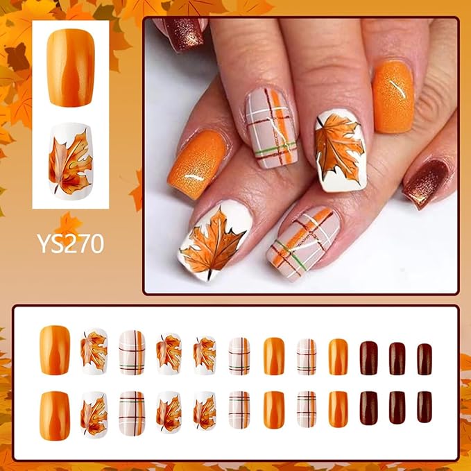 Fall Press on Nails Medium Square,Thanksgiving Fake Nails with Maple Leaf,Plaid Design - Orange False Nail Press ons Reusable Artificial Nails Glossy Full Cover Stick on Nails for Women Manicure 24Pcs
