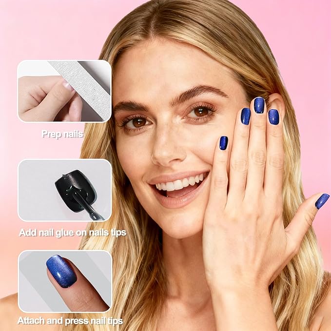 Allstarry Cat Eye Press on Nails, 15 Full Sizes Range Cat Eye Nails Press Ons 4 Changing Colors Cateye Presson Nail for Women 120pcs Chameleon Glossy Short Square Fake Nail Tips Stick DIY Salon