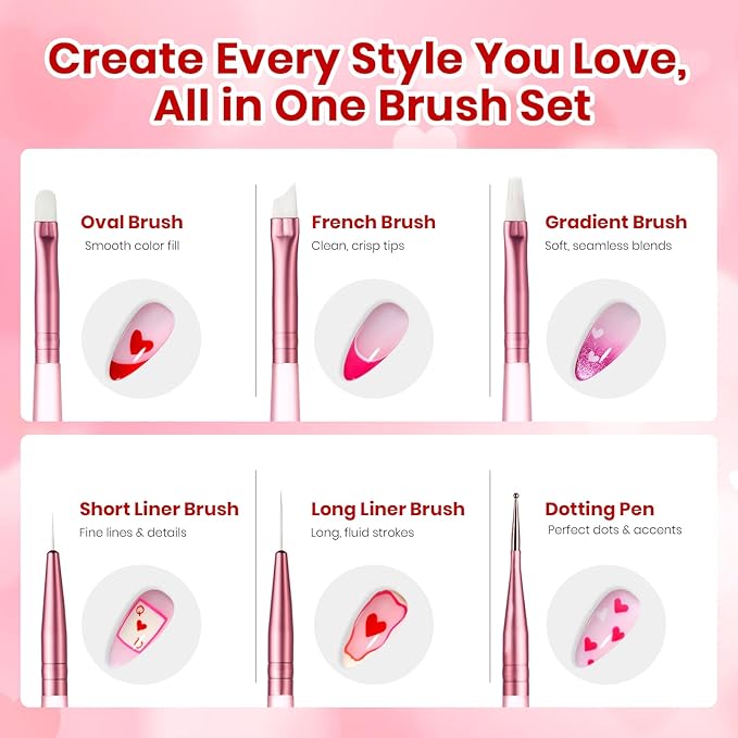 Beetles Nail Art Brushes 6pcs – Cherish Nail Art Tools Liner Brushes for Nails Dotting Tool Gradient French Manicure Design Pen with Heart Palette Brush Holder Pouch Bag, DIY Gift for Women