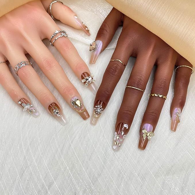 2025 Handmade Medium Nail Reusable PMMA Acrylic Press-on Nail Mixed Color Gradient w/Butterfly Petal Rhinestone Decoration Fake Nails Gifts for Women (Color Mixing Gradient, Medium)