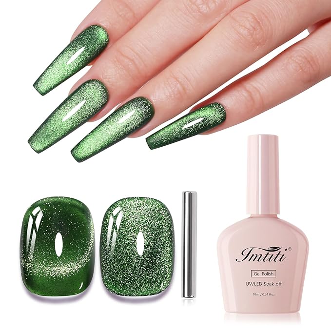 Imtiti 10ml Green Cat Eye Gel Nail Polish Long Lasting Soak Off UV Led Gel Polish Salon DIY at Home with Magnetic Stick Gift for Women 1Pcs