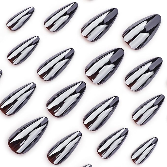 Black Press on Nails Almond - Medium Fake Nails with Chrome Design - Glossy Full Cover Stick on False Nails for Women 24 Pcs