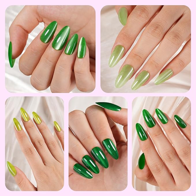 Cat Eye Press on Nails Medium Almond, 240Pcs Soft Gel Fake Nails, Glossy Glitter Cat Eye Nail Tips for Women and Girls Stick On Nails in 12 Sizes