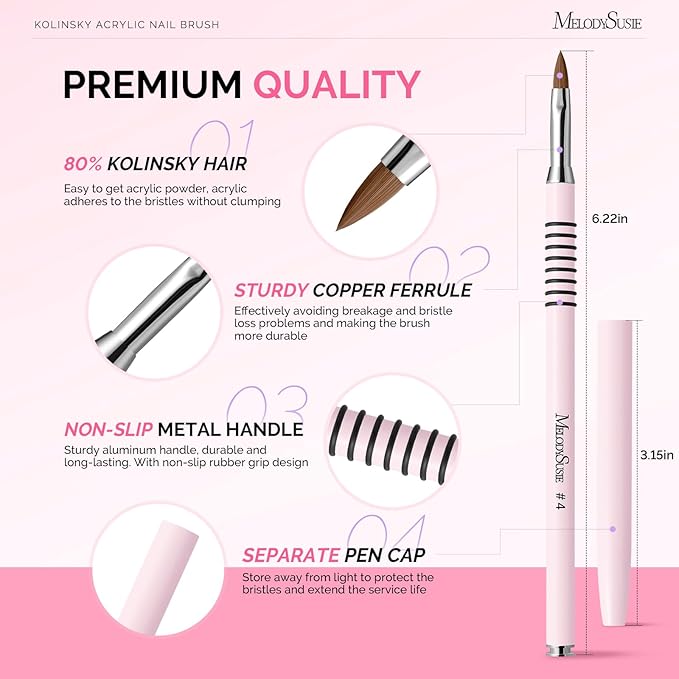 MelodySusie 3D Kolinsky Acrylic Nail Brush, Professional Nail Art Sculpture Brush with Pink Metal Non-Slip Grip Handle, for Acrylic Application 3D Nail Art Flower Designs, Size 4
