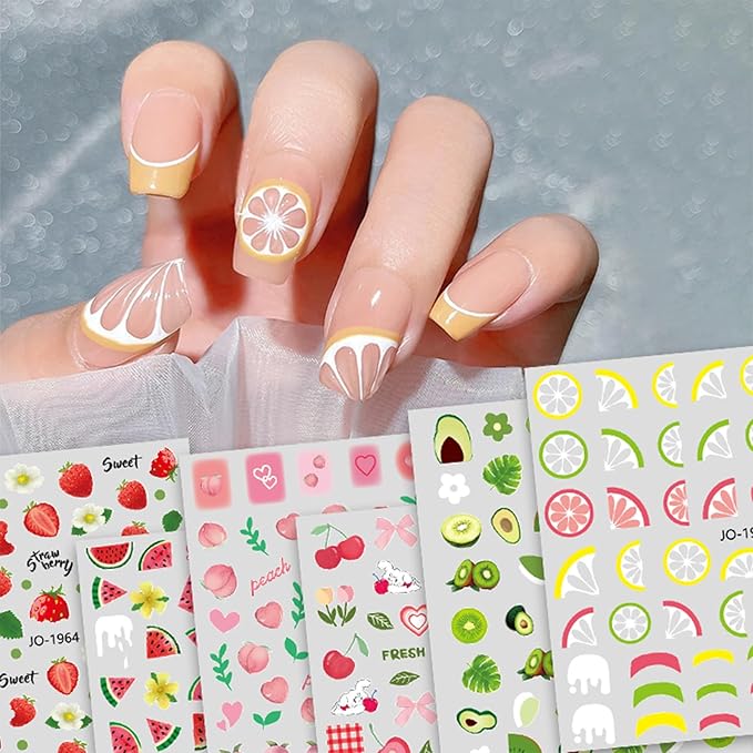 6 Sheet Fruit Nail Sticker for Nails Art 3D Embossed Self-Adhesive Cute Peach, Cherry, Lemon, Watermelon, Strawberry, Avocado Nail Decal Design Supplies for Women DIY Manicure Art Decoration YX1243