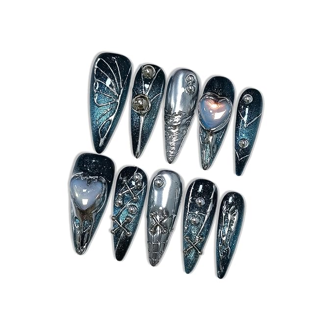 Goth Press on Nails, Long Stiletto Glossy Nails in Black & Metallic Silver, Hand-Painted 3D Crosses & Butterflies with Blue Cat Eye, Celestial Style for Raves & Cosmic Parties (Size L)