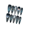 Goth Press on Nails, Long Stiletto Glossy Nails in Black & Metallic Silver, Hand-Painted 3D Crosses & Butterflies with Blue Cat Eye, Celestial Style for Raves & Cosmic Parties (Size XS)