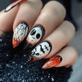Halloween Glossy Press on Nails, Almond Fake Nails, False Nails with Bat Ghost Designs, Full Cover Acrylic Stick on Nails for Women Girls 24Pcs