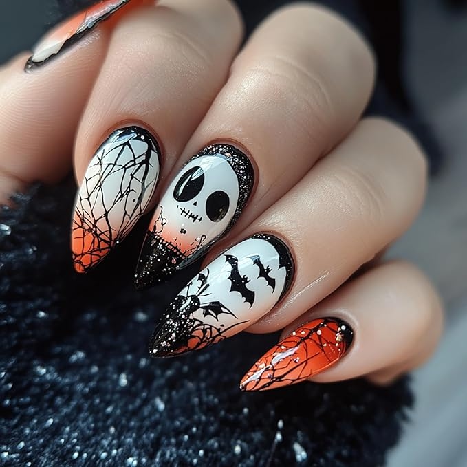 Halloween Glossy Press on Nails, Almond Fake Nails, False Nails with Bat Ghost Designs, Full Cover Acrylic Stick on Nails for Women Girls 24Pcs