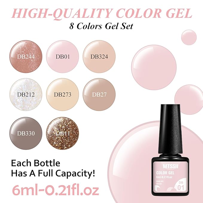 MTSSII Gel Nail Polish Set - 8 Colors Nude Gel Polish All Seasons Skin Tones Pink Neutral Brown Gel Polish Kit Soak Off LED Gel Nail Kit Manicure DIY Home