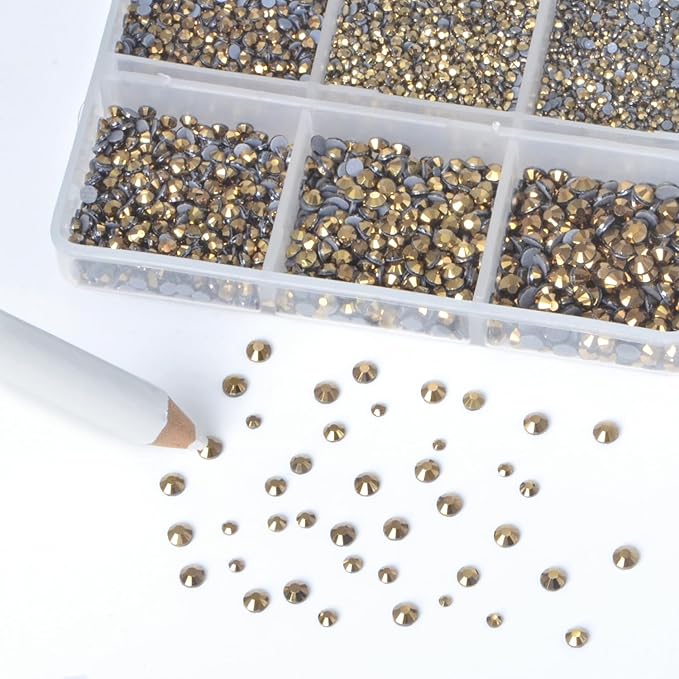 Bymitel Hotfix Crystal Rhinestones Round Gems for Crafts,Mixed 6 Sizes with Wax Pencil Kit, Aurum1.3-3.2mm(SS3-SS12/8000pcs)