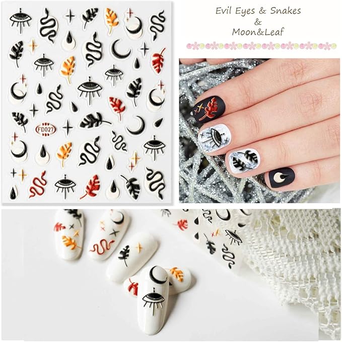 Nail Art Stickers New 5D Stereoscopic Embossed Self-Adhesive Nail Decals, Evil Eyes &Snake &Abstract Faces Hearts Nail Stickers for Nail Art Decoration Women Girls Gift (4 Sheets)